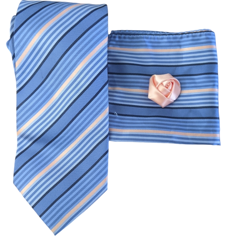 Neck Tie, Pocket Square and Rose Lapel Pin Set